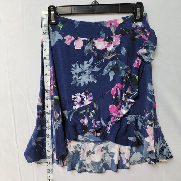 Blue Life Navy Floral Print Ruffled Faux Wrap High Low Skirt XS - Picture 9 of 9